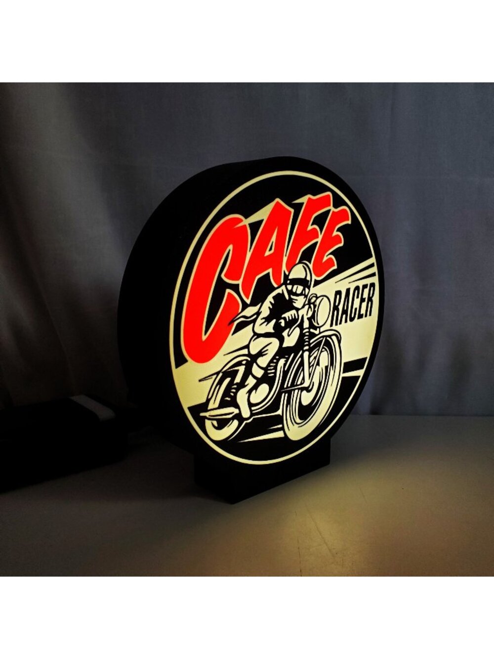 Retro Cafe Racer Light Box – 9" Circular LED Motorcycle Sign – USB Powered with